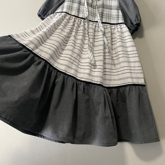 Handmade Children's 100% Cotton Grey White Plaid Ribbon Detail Dress - Picture 13 of 13